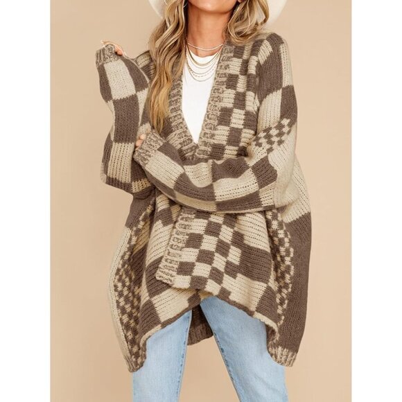 Women's Oversized Checkered Knit Cardigan Color Block Plaid Long Sleeve - Picture 3 of 5